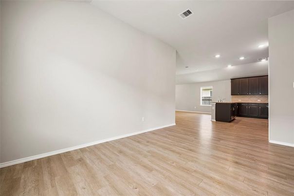 Empty room, Interior, Kitchen, Recessed Lighting, Wood Texture Flooring