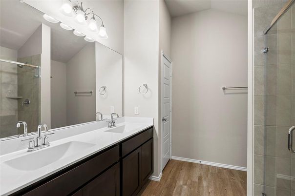 Bathroom, Dual Sink Vanities, Glass Shower, Interior, Wood Texture Flooring