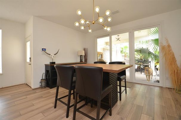 Dining room, Interior, Pendant Lights, Wood Texture Flooring