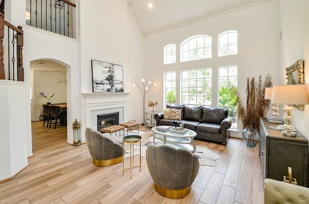 Fireplace, Interior, Living room, Recessed Lighting, Wood Texture Flooring
