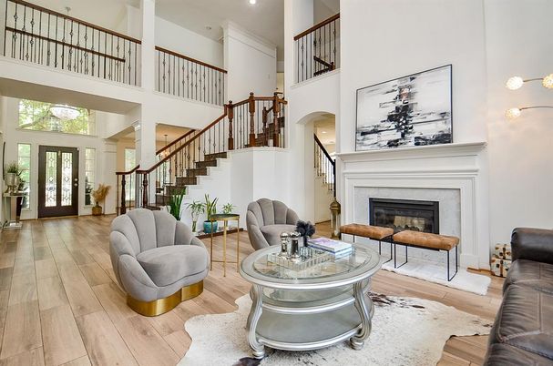 Fireplace, Interior, Living room, Recessed Lighting, Wood Texture Flooring