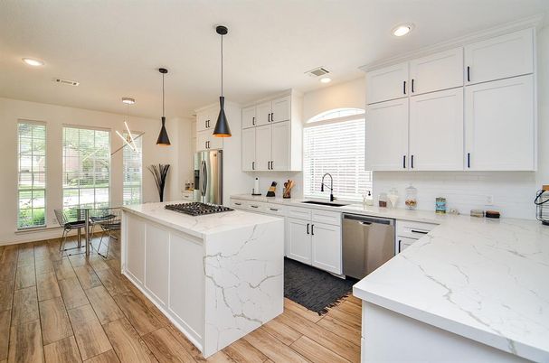 Interior, Kitchen, Pendant Lights, Recessed Lighting, Stainless Steel Appliances, Wood Texture Flooring