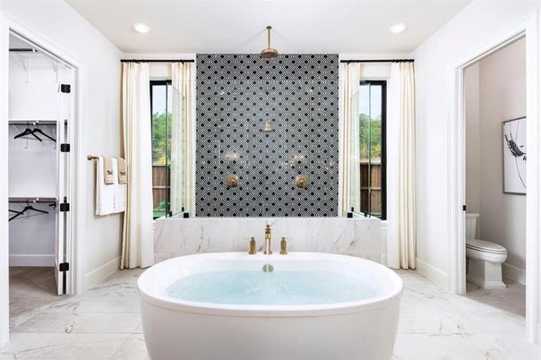 Bathroom, Free Standing Baths, Interior, Marble, Marble Walls, Recessed Lighting