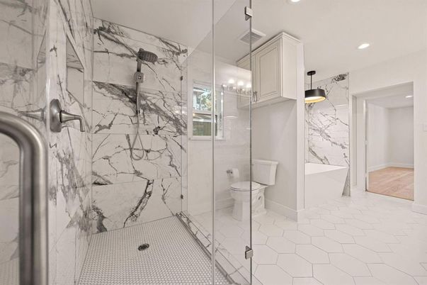 Bathroom, Glass Shower, Interior, Marble Walls, Recessed Lighting