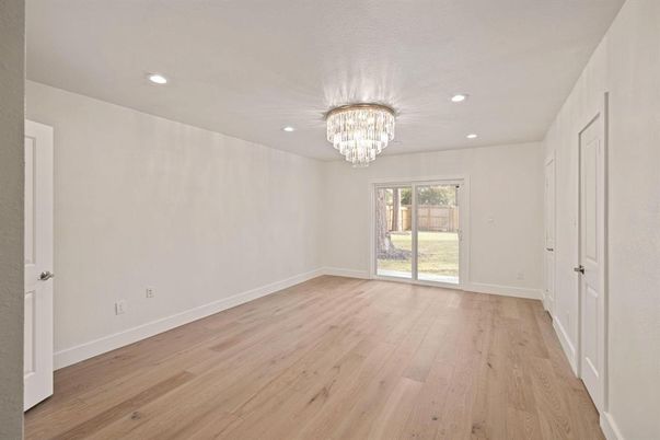 Chandelier, Empty room, Interior, Recessed Lighting, Wood Texture Flooring