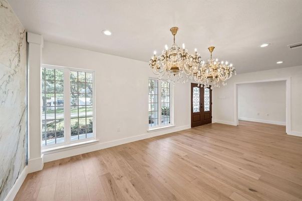 Chandelier, Empty room, Interior, Marble Walls, Recessed Lighting, Wood Texture Flooring