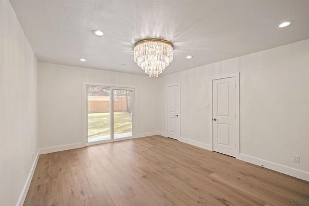 Chandelier, Empty room, Interior, Recessed Lighting, Wood Texture Flooring
