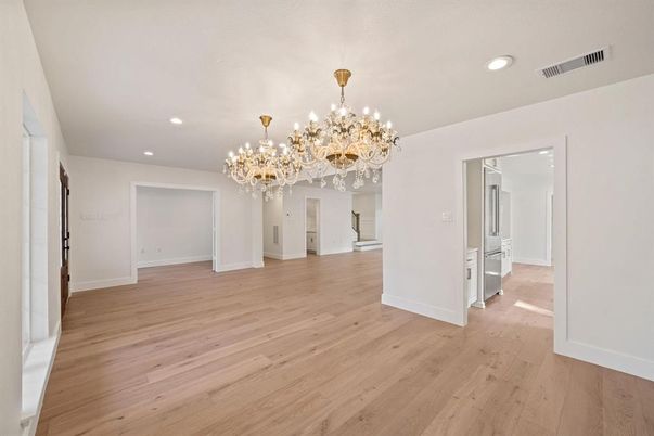 Chandelier, Empty room, Interior, Recessed Lighting, Wood Texture Flooring