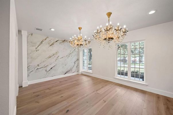 Chandelier, Empty room, Interior, Marble Walls, Recessed Lighting, Wood Texture Flooring