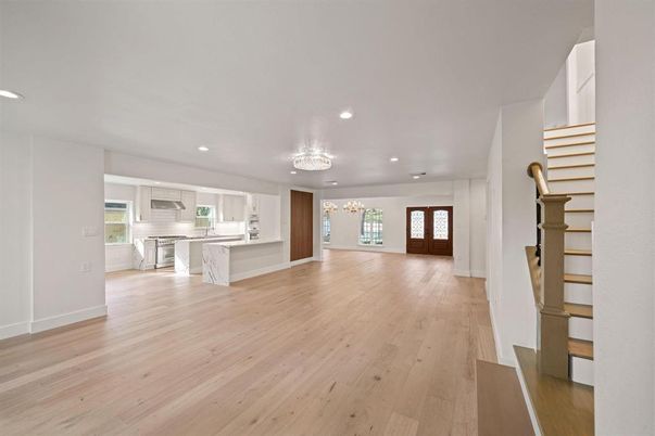 Chandelier, Empty room, Interior, Kitchen, Recessed Lighting, Wood Texture Flooring