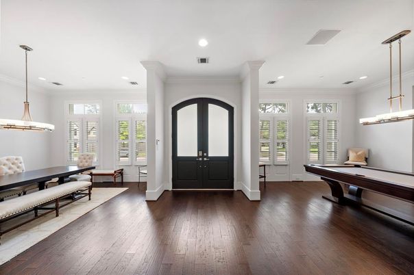 Billiard Table, Game Room, Interior, Pendant Lights, Recessed Lighting, Wood Texture Flooring