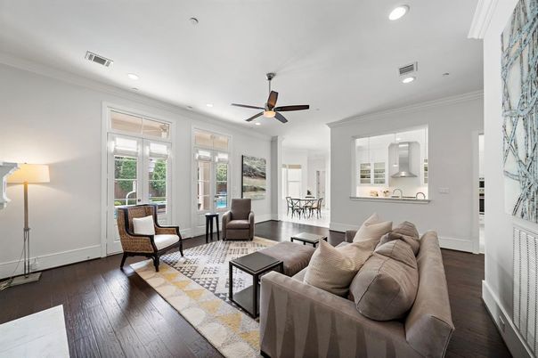 Dining room, Interior, Living room, Recessed Lighting, Wood Texture Flooring