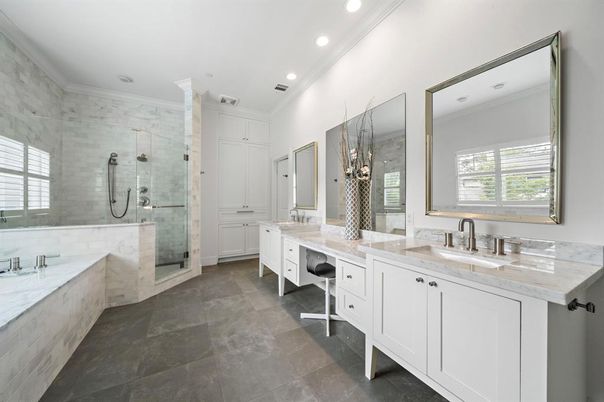 Bathroom, Dual Sink Vanities, Glass Shower, Interior, Pendant Lights, Recessed Lighting