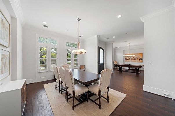 Dining room, Interior, Pendant Lights, Recessed Lighting, Wood Texture Flooring