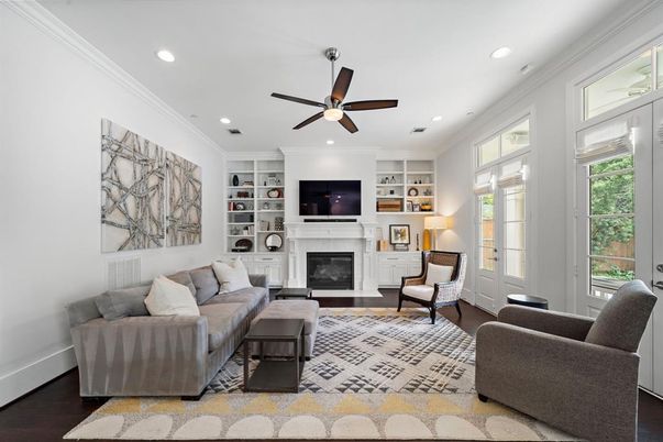 Fireplace, Interior, Living room, Recessed Lighting, Wood Texture Flooring