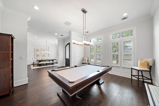 Billiard Table, Game Room, Interior, Pendant Lights, Recessed Lighting, Wood Texture Flooring