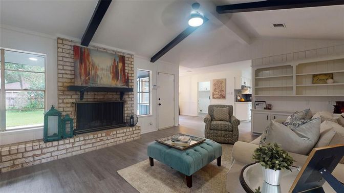 Fireplace, Interior, Living room, Stone Walls, Wood Texture Flooring