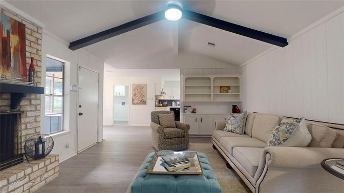 Fireplace, Interior, Living room, Wooden Beams, Wood Texture Flooring