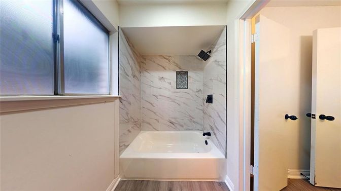 Bathroom, Interior, Marble Walls, Wood Texture Flooring