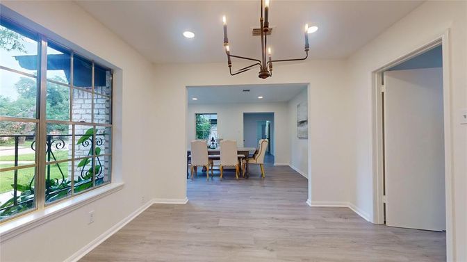 Dining room, Interior, Pendant Lights, Recessed Lighting, Wood Texture Flooring