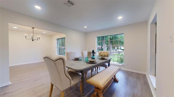 Dining room, Interior, Pendant Lights, Recessed Lighting, Wood Texture Flooring