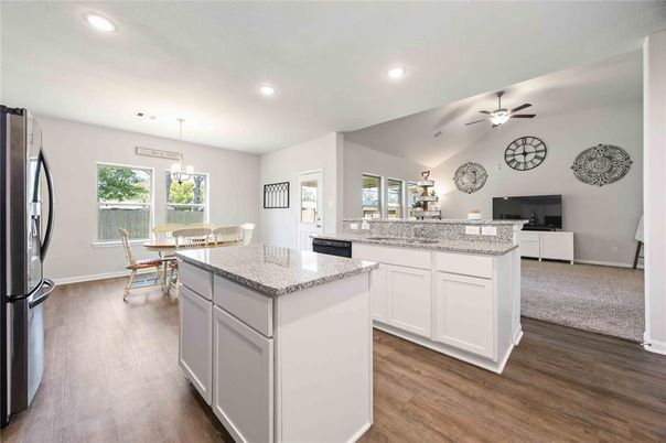 Dining room, Interior, Kitchen, Recessed Lighting, Wood Texture Flooring