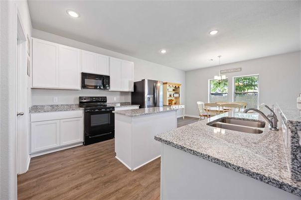 Dining room, Interior, Kitchen, Pendant Lights, Recessed Lighting, Wood Texture Flooring