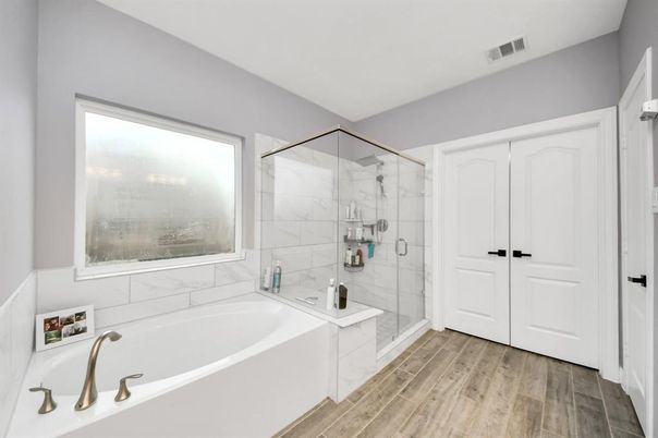 Bathroom, Glass Shower, Interior, Wood Texture Flooring