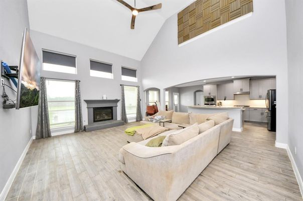 Fireplace, Interior, Kitchen, Living room, Recessed Lighting, Wood Texture Flooring
