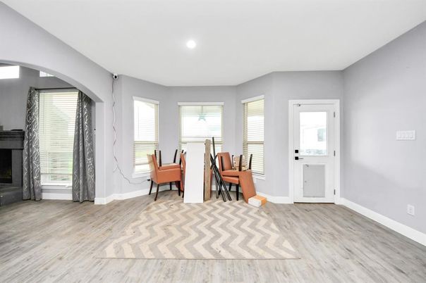 Fireplace, Interior, Recessed Lighting, Wood Texture Flooring