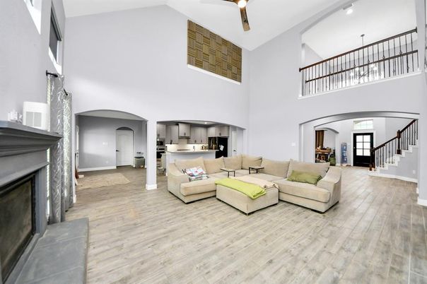 Fireplace, Interior, Kitchen, Living room, Wood Texture Flooring