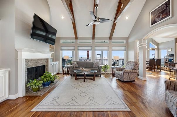 Dining room, Fireplace, Interior, Living room, Recessed Lighting, Wooden Beams, Wood Texture Flooring