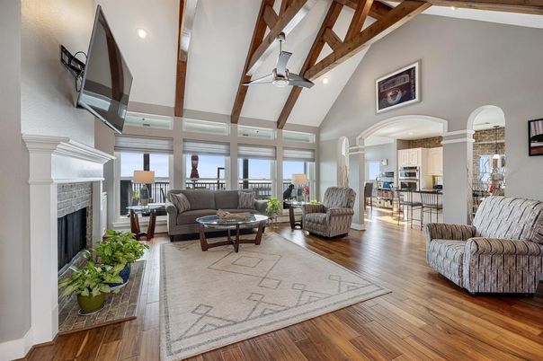 Fireplace, Interior, Kitchen, Living room, Recessed Lighting, Wooden Beams, Wood Texture Flooring