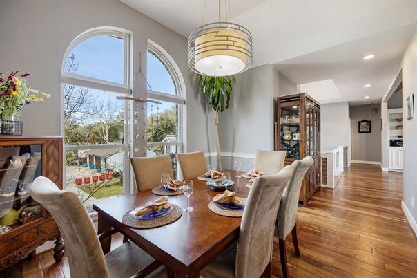 Dining room, Interior, Recessed Lighting, Wood Texture Flooring