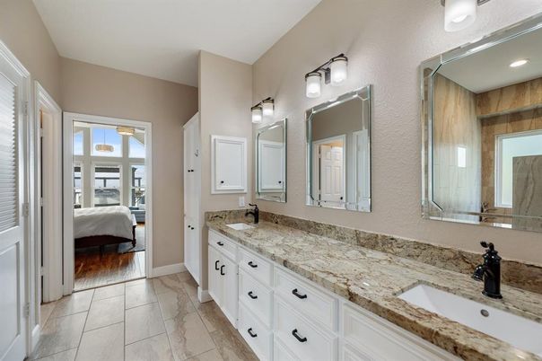 Bathroom, Bedroom, Dual Sink Vanities, Interior, Recessed Lighting, Wood Texture Flooring