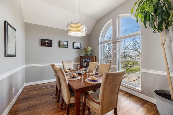 Dining room, Interior, Pendant Lights, Wood Texture Flooring