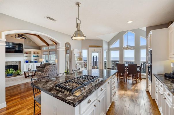 Dining room, Fireplace, Interior, Kitchen, Living room, Pendant Lights, Recessed Lighting, Wooden Beams, Wood Texture Flooring