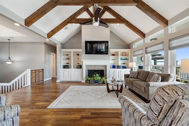 Fireplace, Interior, Living room, Pendant Lights, Recessed Lighting, Wooden Beams, Wood Texture Flooring