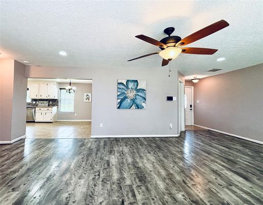 Empty room, Interior, Kitchen, Recessed Lighting, Wood Texture Flooring