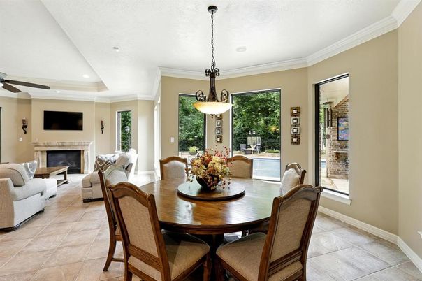 Dining room, Fireplace, Interior, Living room, Pendant Lights, Recessed Lighting