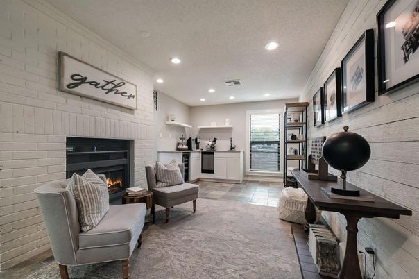 Fireplace, Interior, Living room, Recessed Lighting, Stone Walls