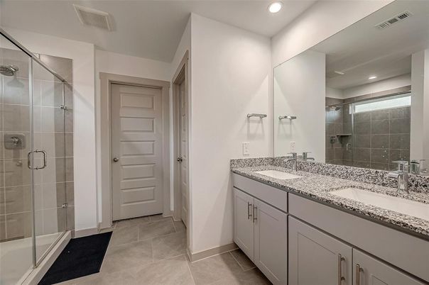 Bathroom, Dual Sink Vanities, Glass Shower, Interior, Recessed Lighting