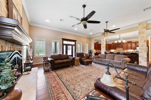 Fireplace, Interior, Kitchen, Living room, Pendant Lights, Recessed Lighting, Stone Walls