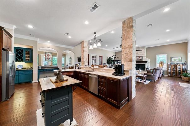 Fireplace, Interior, Kitchen, Living room, Pendant Lights, Recessed Lighting, Wood Texture Flooring