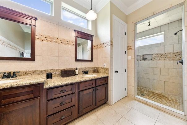 Bathroom, Dual Sink Vanities, Glass Shower, Interior, Pendant Lights