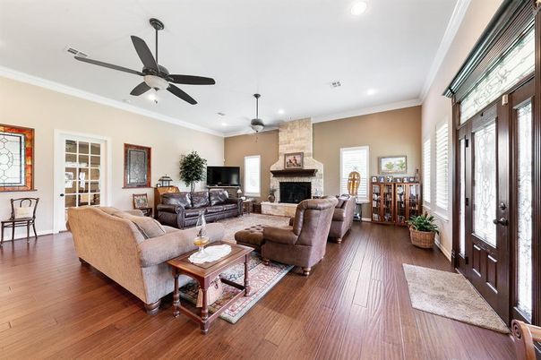 Fireplace, Interior, Living room, Recessed Lighting, Wood Texture Flooring