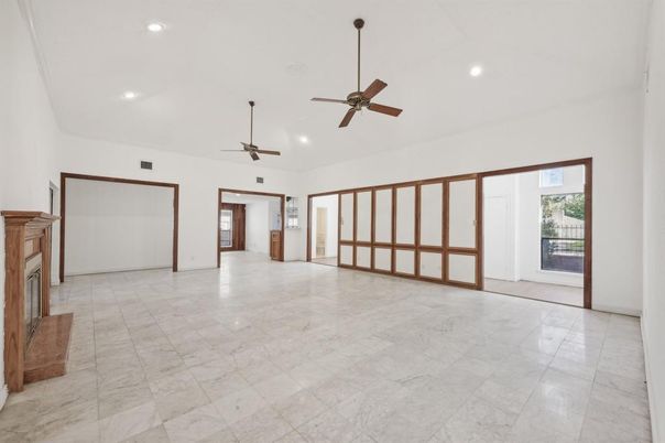 Empty room, Fireplace, Interior, Marble, Recessed Lighting