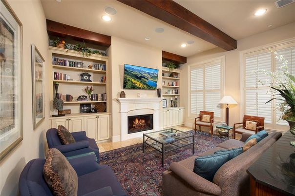 Fireplace, Interior, Living room, Recessed Lighting, Wooden Beams