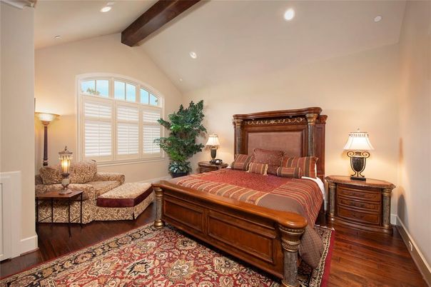 Bedroom, Interior, Recessed Lighting, Wooden Beams, Wood Texture Flooring