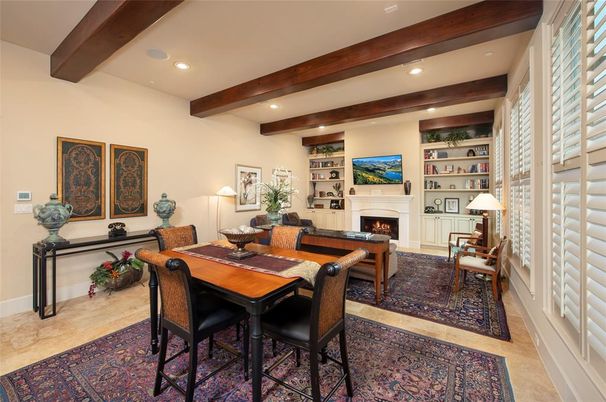 Dining room, Fireplace, Interior, Living room, Recessed Lighting, Wooden Beams